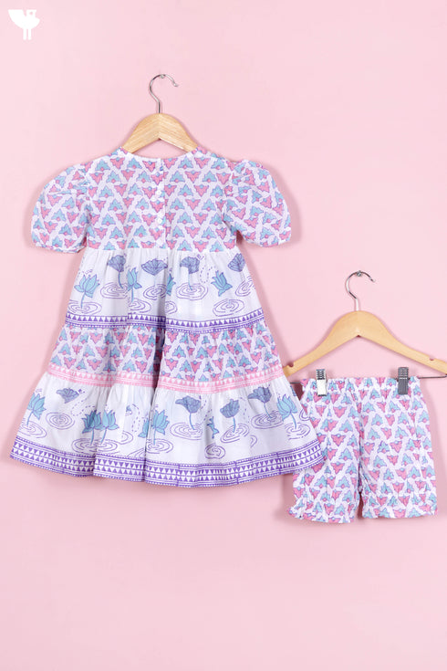 Cotton Frock & Shorts Set In Block Print